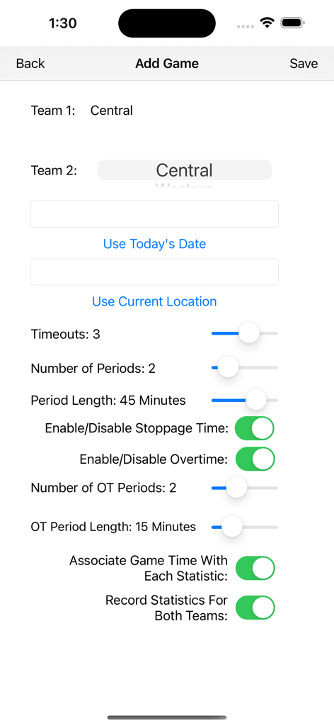 Add game screen in Soccer Statistic app with team names and match duration settings