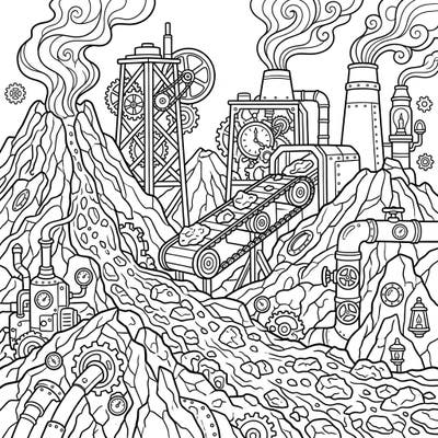 Unleash your creativity with this incredible Steampunk A'a Flows coloring page, where volcanic landscapes meet intricate industrial machinery. Discover a world of gears, pipes, and steam-powered gadgets ready for your artistic touch.