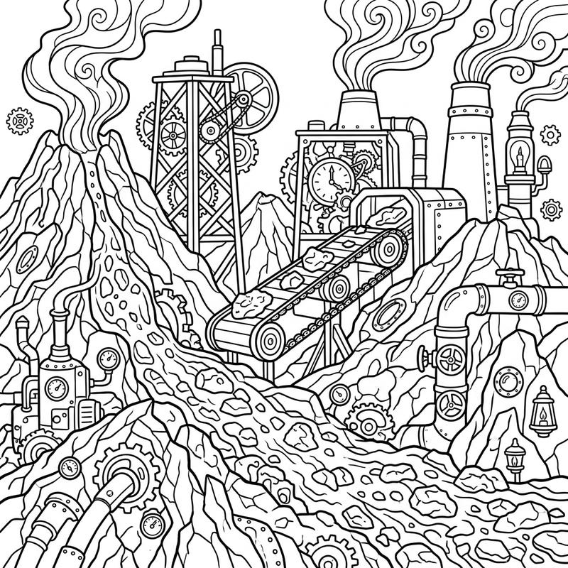 Unleash your creativity with this incredible Steampunk A'a Flows coloring page, where volcanic landscapes meet intricate industrial machinery. Discover a world of gears, pipes, and steam-powered gadgets ready for your artistic touch.