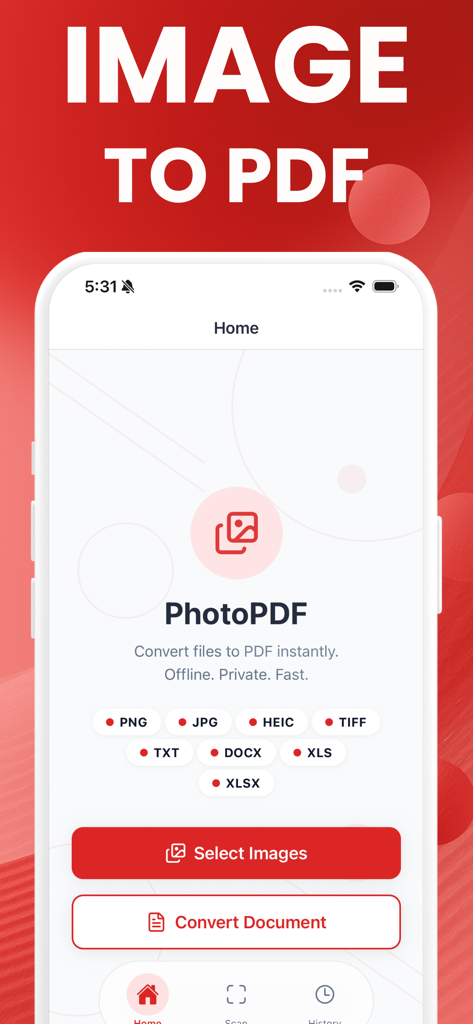 Image to PDF Converter: Photo - Pantalla de inicio de la app Image to PDF Converter que muestra una interfaz sencilla para seleccionar imágenes y convertir documentos a PDF sin conexión
