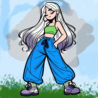 girl in baggy pants crop top and long hair
