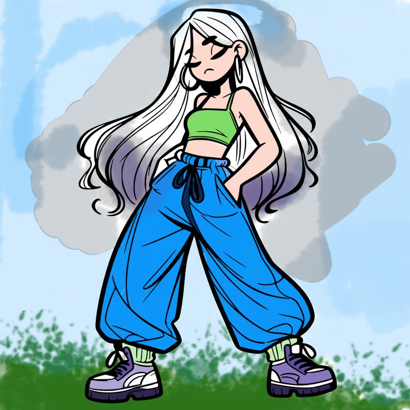 girl in baggy pants crop top and long hair