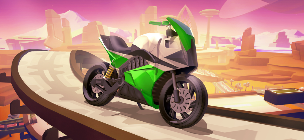 Gravity Rider Zero - Moto futuristica bianca e verde su un tracciato curvo con sfondo di un pianeta desertico fantascientifico