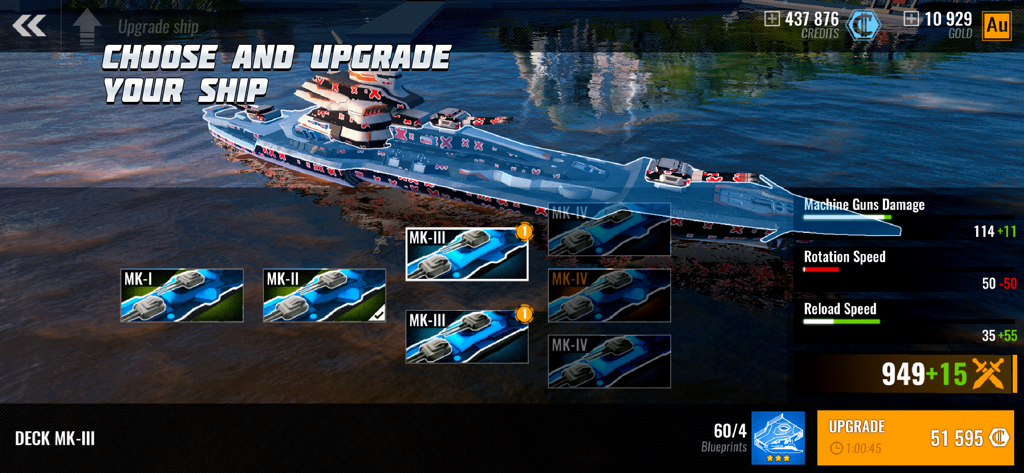 Pacific Warships: War Shooter - Customizing a futuristic battleship in the Pacific Warships upgrade menu