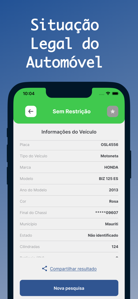 Tabela FIPE: Consultar Veículo - App screen showing vehicle legal status and technical information