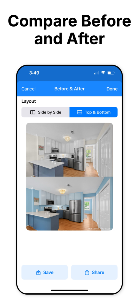 Uma comparação de antes e depois das cores da tinta da parede da cozinha mostrada na interface do aplicativo Visualizador de Cores de Tinta.