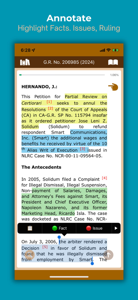 CaseReaderPH - Mobile screen showing the CaseReaderPH app with highlighted text and tools for annotating legal facts and issues.