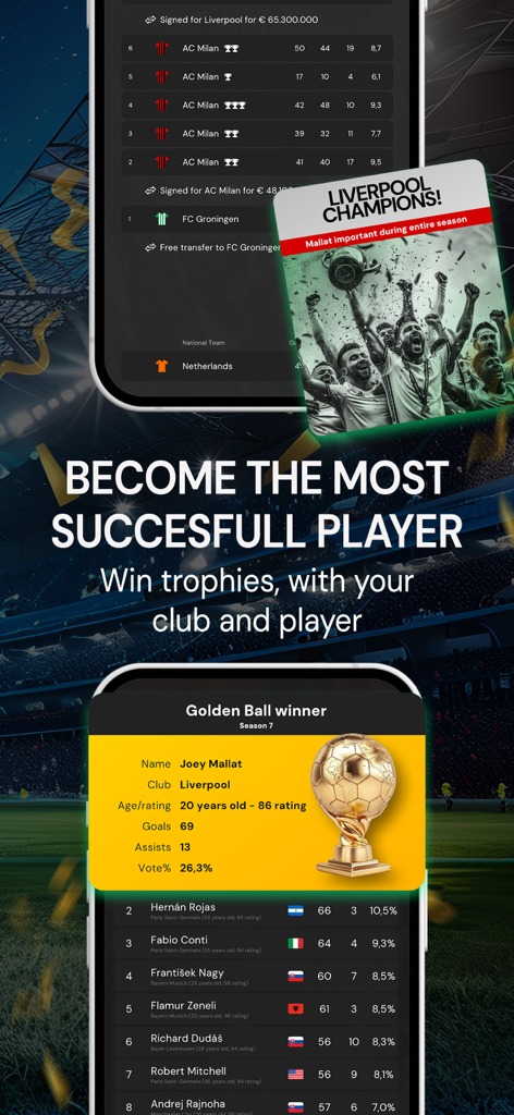 Pantalla del modo carrera en el juego Club Legend mostrando traspasos de equipo y el ganador del Balón de Oro