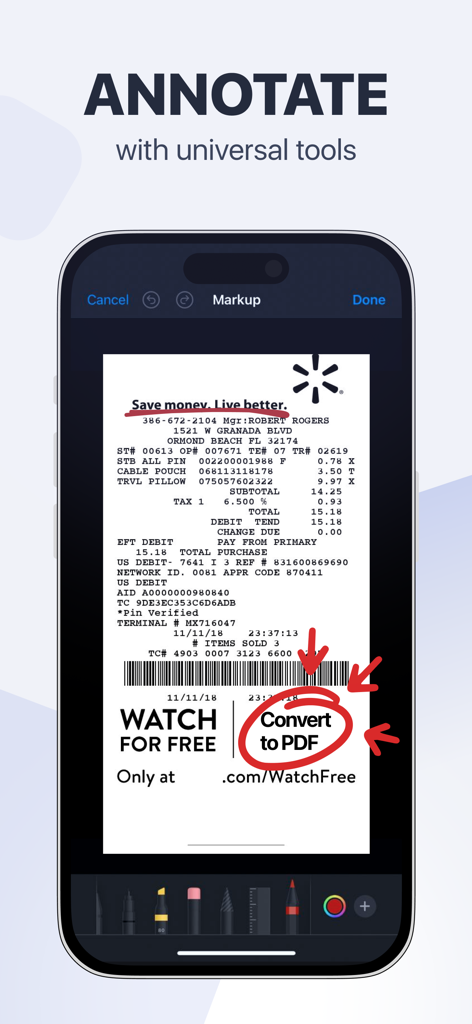 Scan Pro PDF: Document Scanner - Scan Pro PDF app showing markup and annotation tools on a scanned receipt.