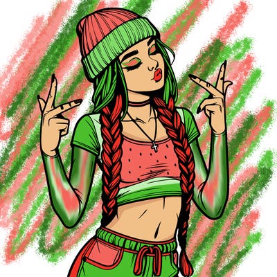 realistic teenage girl with braids and a beanie and crop top doing 🫶🏼