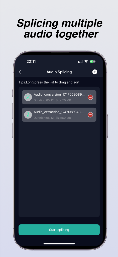 iPhone app screen showing the audio splicing feature used to merge multiple audio files together