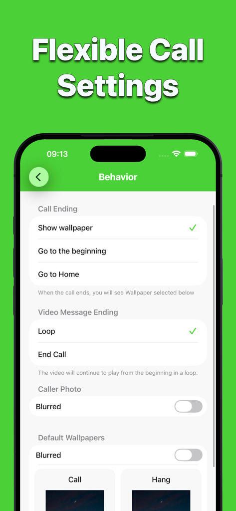 Interface of Faker 3 showing flexible call behavior and wallpaper customization settings.