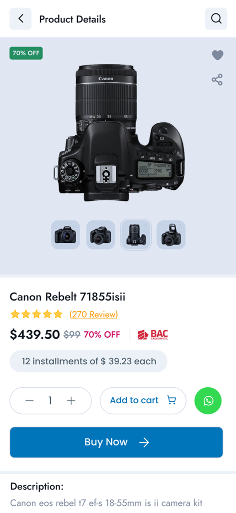 Pantalla de detalles del producto de la aplicación E Vision que muestra una cámara Canon Rebel con precios y opciones de pago.