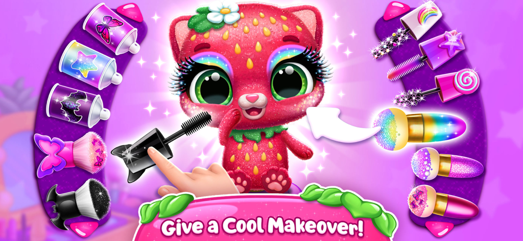 Fruitsies - Pet Friends - A pink strawberry cat character receiving a makeup makeover with various colorful tools