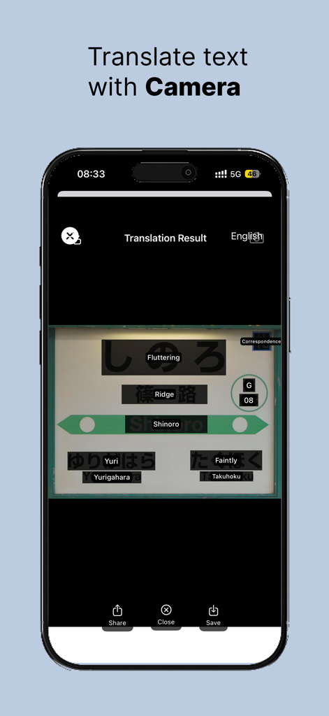 Live Translator X app interface showing real-time camera translation of a Japanese sign into English