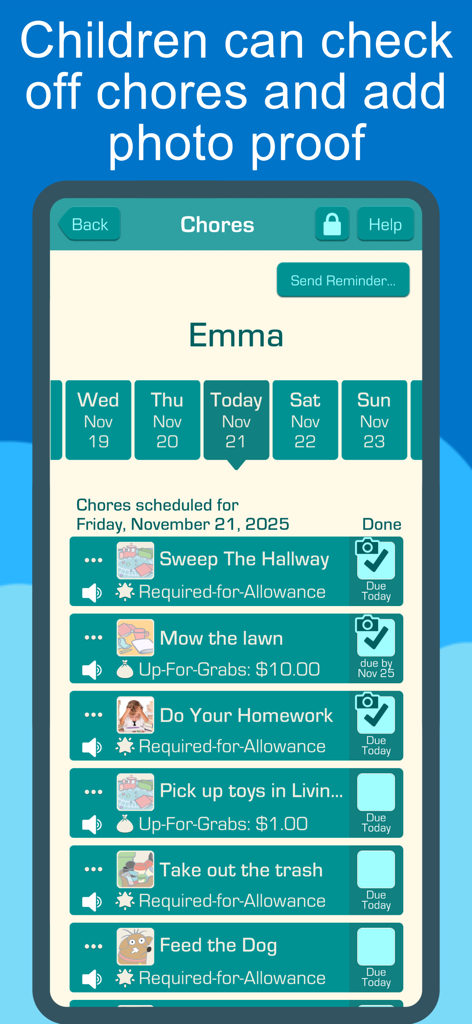 Chores & Allowance Bot - User interface of the Chores and Allowance Bot app showing a childs chore list with checkmarks and photo proof options