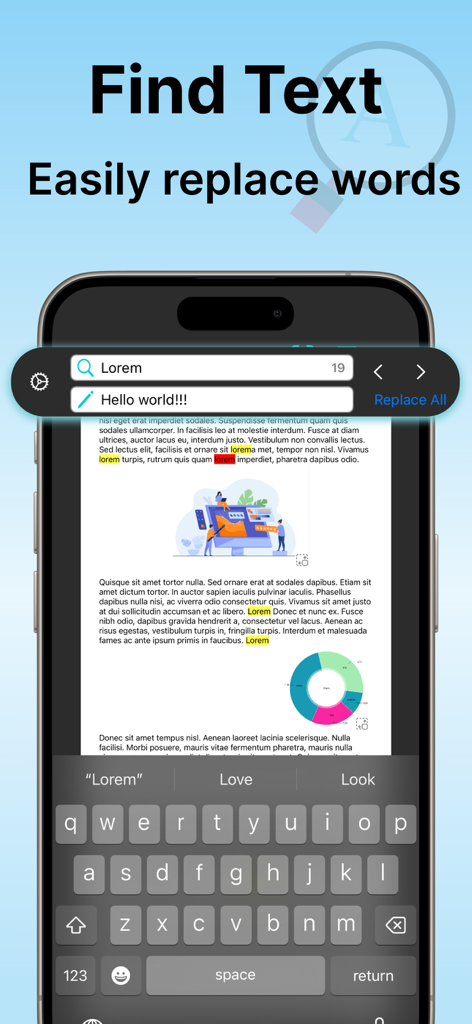 Edit Word Document with OffiX - Mobile interface of OffiX app showing the find and replace text feature in a document.