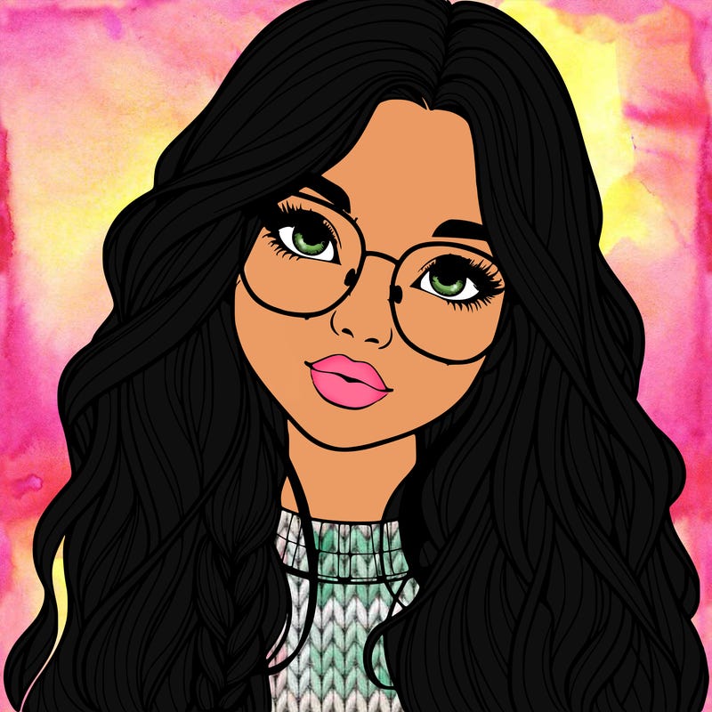 girl with long hair and freckles and glasses realistic