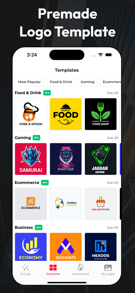 AI Logo Maker: Logo Creator - Interfaz de aplicación móvil mostrando varias plantillas de logos prefabricadas para industrias como la de videojuegos de comida y comercio electrónico