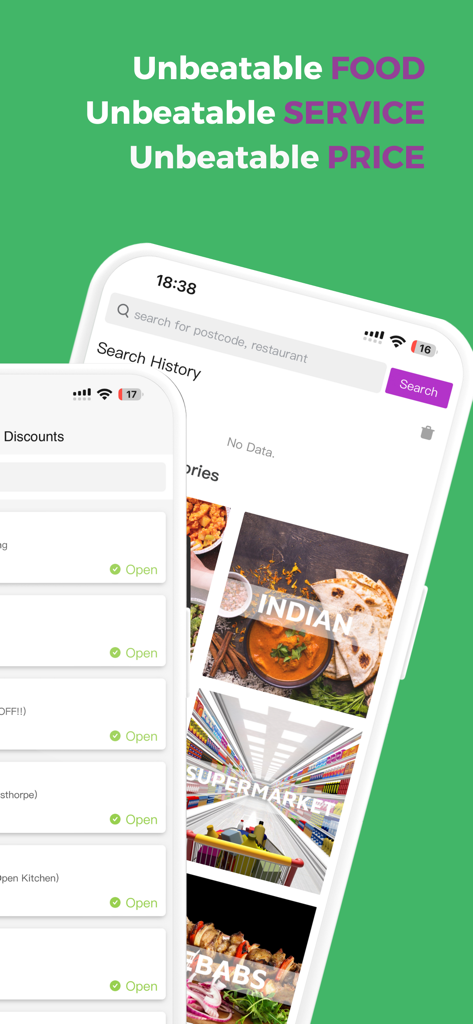 All Eat app interface showing restaurant categories and discount listings with unbeatable price marketing