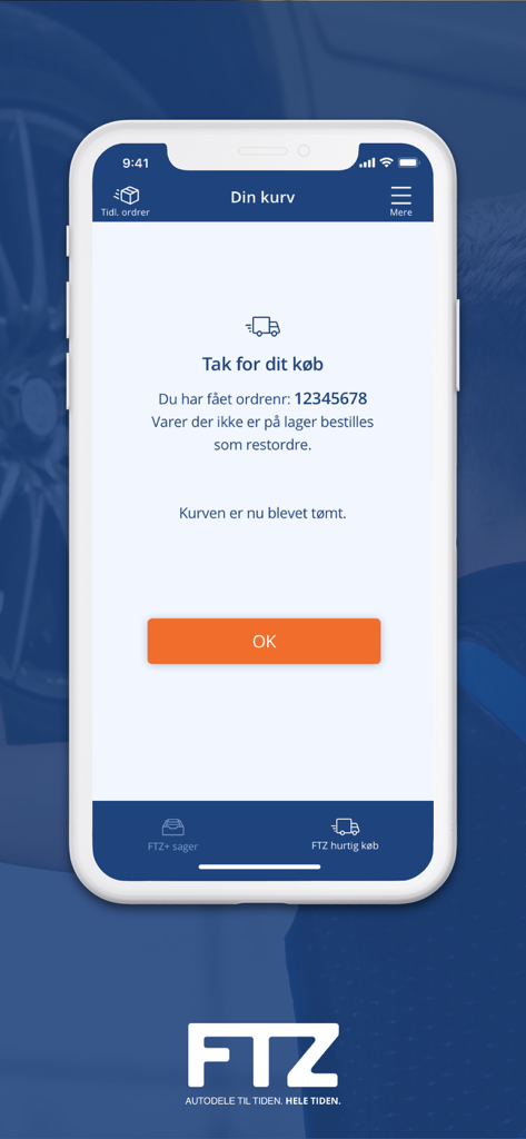 FTZ - Order confirmation screen in the FTZ app showing a thank you message and order number after a purchase