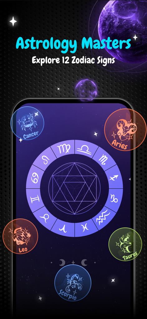 Test Lie Detector for Prank - Mobile app interface titled Astrology Masters displaying a zodiac wheel and icons for signs like Aries Cancer Leo and Scorpio
