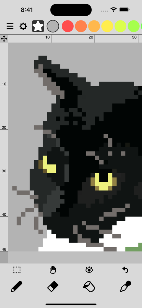Eine Pixelkunstzeichnung eines schwarzen Katzenkopfes, die in der Dot Marker App-Oberfläche erstellt wird.
