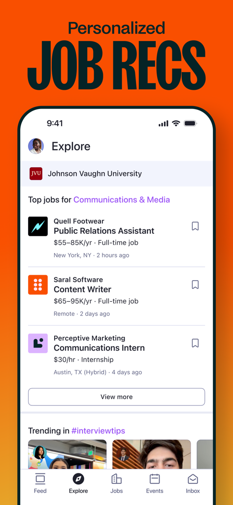 Handshake Jobs & New Careers - A mobile screen from the Handshake app showing personalized job recommendations and internships for a communications and media student