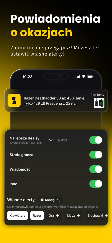 Dealsy app screen showing custom deal notifications and keyword alerts for gaming electronics