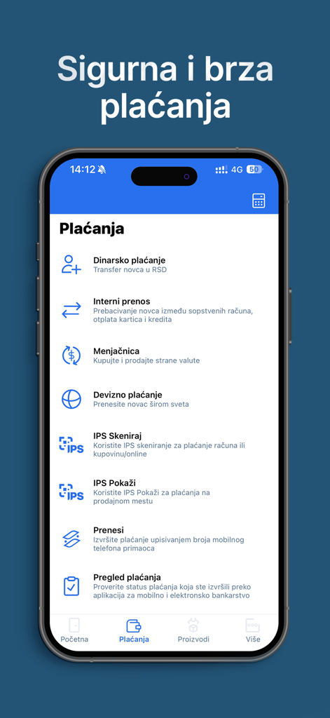 mBanking Erste Banka Srbija - The payment options menu in the Erste Banka Srbija mBanking app showing domestic and foreign currency services.