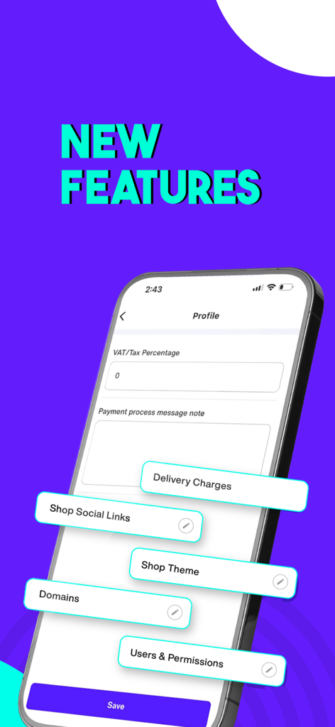 Zatiq Easy - eCommerce Builder - Zatiq Easy mobile app screen displaying new ecommerce profile settings and business features