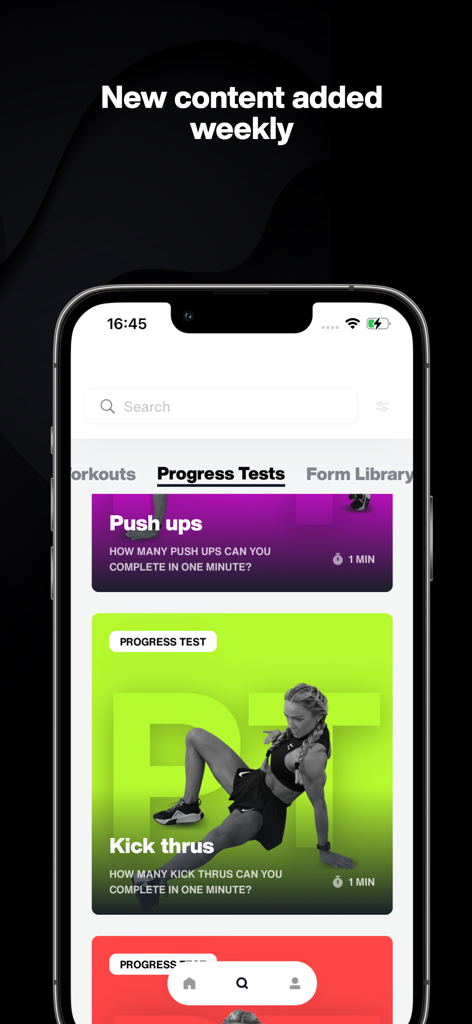A mobile screenshot of the CGX app showing progress tests for push ups and kick thrus