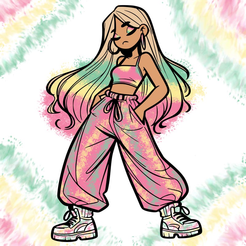 girl in baggy pants crop top and long hair