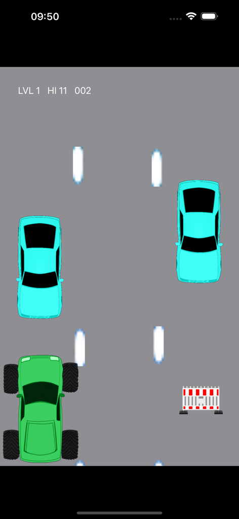 Monster Trucks: Car Smash Race - Top-down view of a green monster truck driving on a grey highway to smash cars.