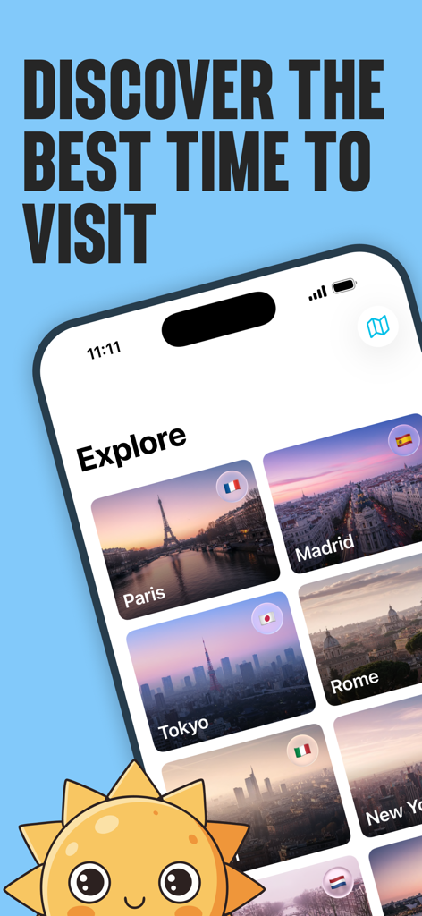 Explore screen of the TripSeason app showing destinations like Paris, Tokyo, and Madrid to help users find the best time to travel.