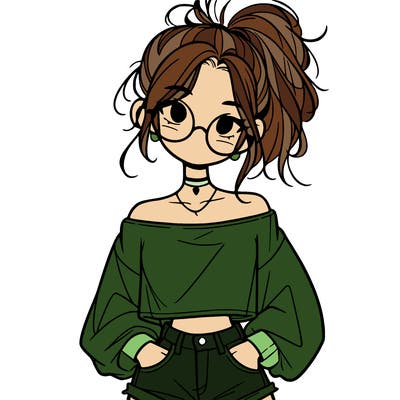 girl with a messy ponytail glasses a baggy crop top and jean shorts