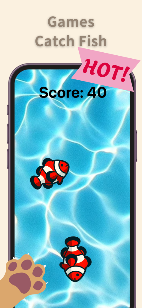 Écran d'iPhone montrant le jeu CatVerse attraper le poisson avec deux poissons clowns nageant dans une piscine bleue et un compteur de score