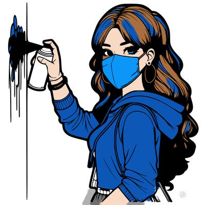realistic girl with mask spray painting a wall