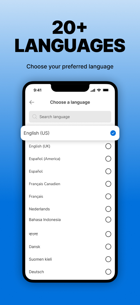 Walmart2Walmart - A mobile screen from the Walmart2Walmart app showing over 20 language options for international money transfers.