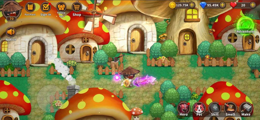 Mushroom Knight - A character with a glowing purple sword in a mushroom-themed village from the Mushroom Knight mobile game