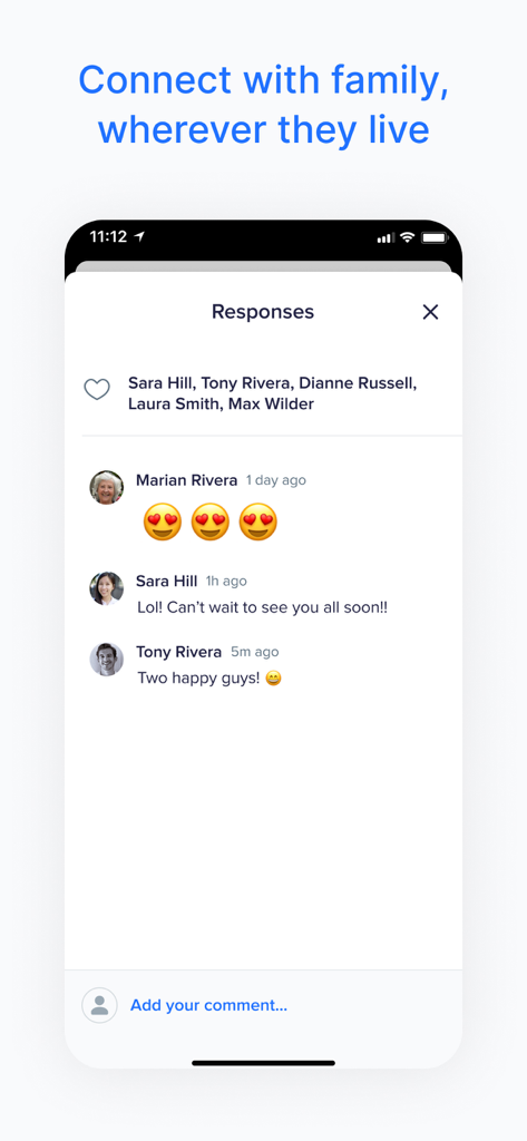 Mobile screen showing family members interacting with comments and heart reactions in a private social network.