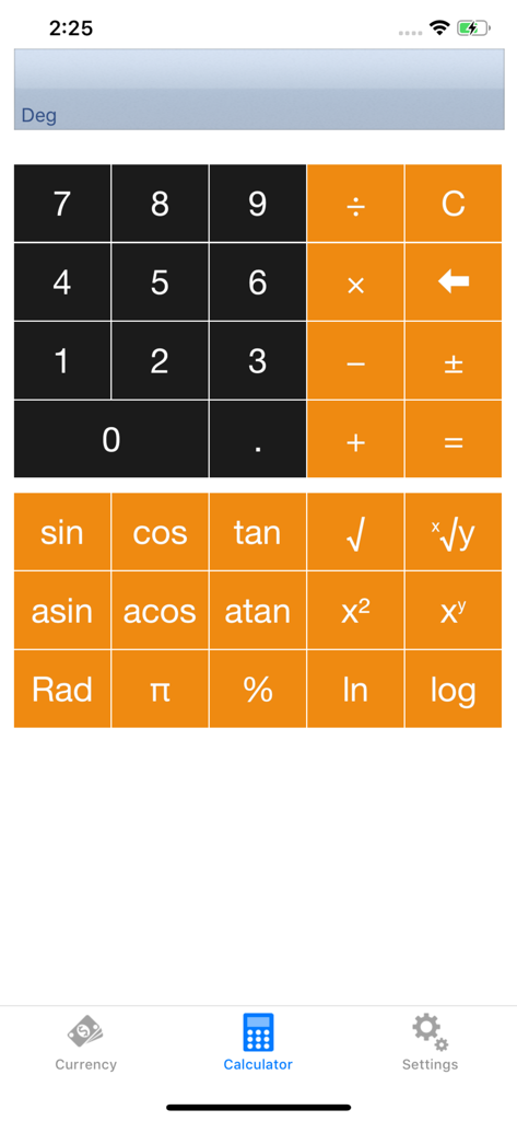 Currency - Exchange Rates - Scientific calculator screen of the Currency Exchange Rates app