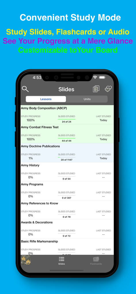 PROmote Army Study Guide app screenshot showing study progress bars and lessons for military promotion board preparation