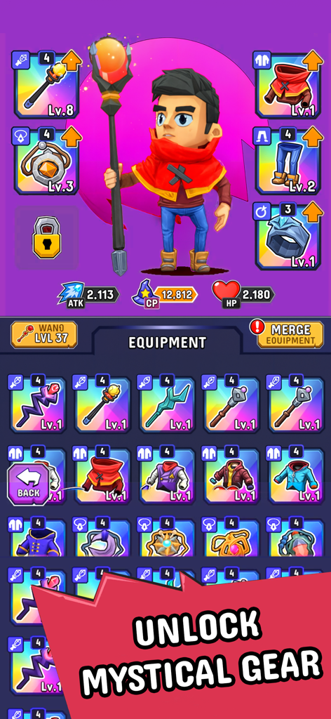 Wizario: Idle Survival - Wizard character screen in Wizario Idle Survival showing equipment and inventory gear