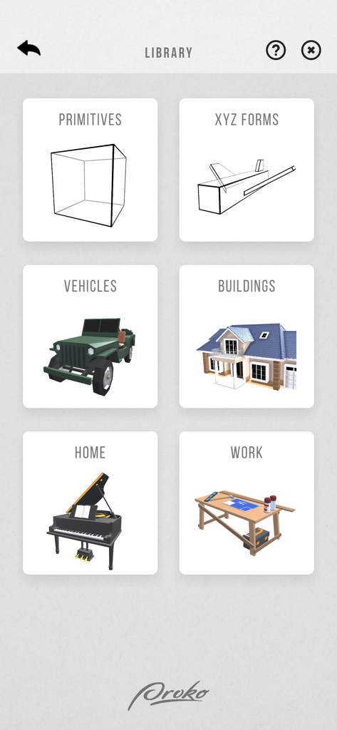 Zolly - Perspective Models - Zolly App-Bibliotheksoberfläche, die Kategorien für 3D-Perspektivmodelle wie Primitive, Fahrzeuge und Gebäude zeigt.
