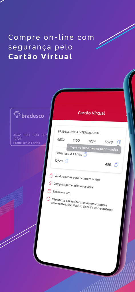 Bradesco Cartoes app screen displaying virtual card details for secure online transactions