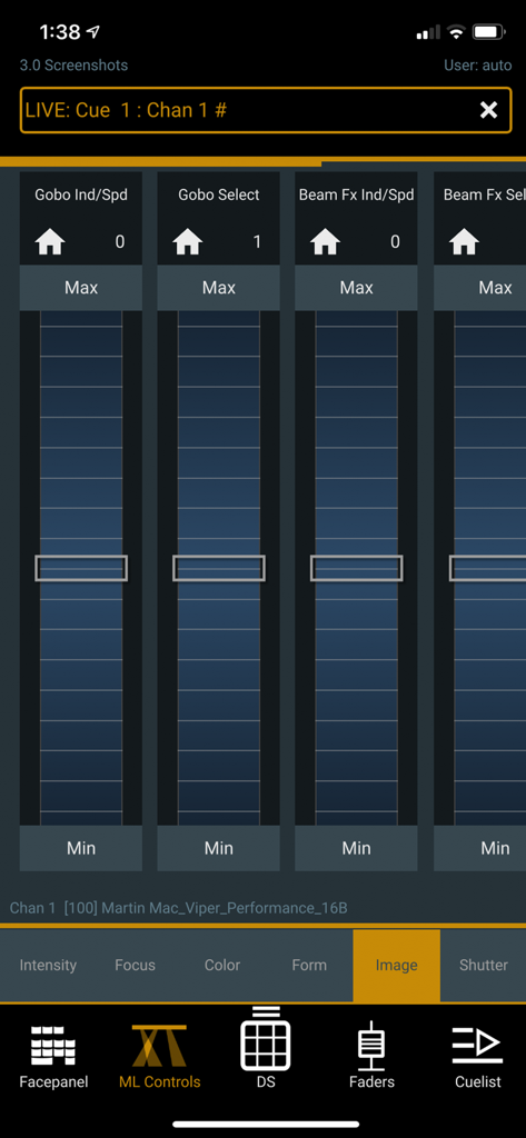 iRFR - BTS - Interface of the iRFR-BTS app showing faders for moving light controls including gobo and beam effects