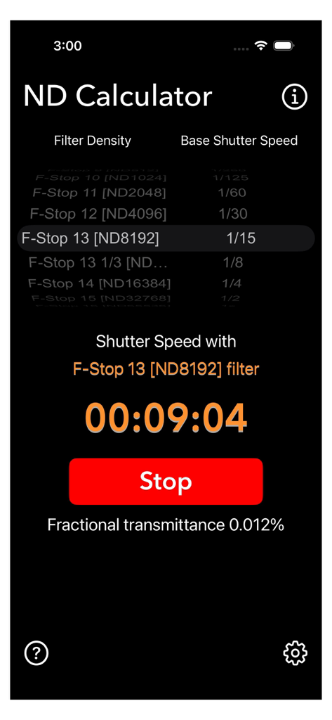 Neutral Density Calculator - Ecrã da aplicação Calculadora ND mostrando o cálculo do tempo de exposição e um temporizador regressivo