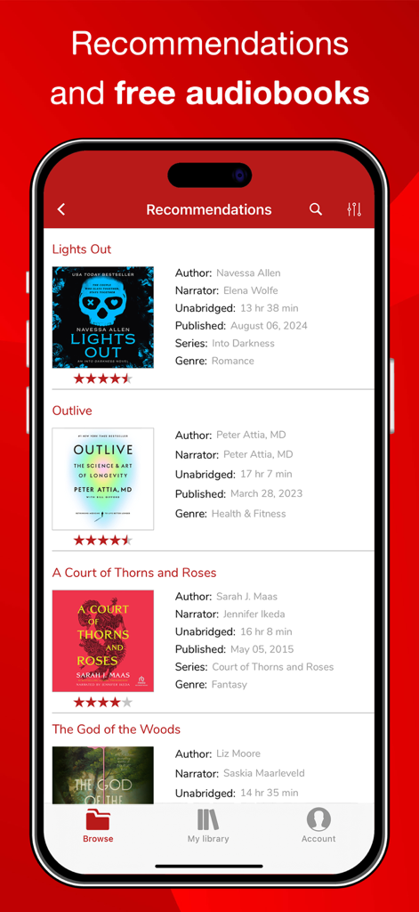 Smartphone screen showing the Audiobooks Now app recommendations page with a list of books including title, author, narrator, and ratings.