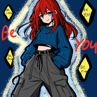 anime teen girl with baggy pants and crop top with sweater